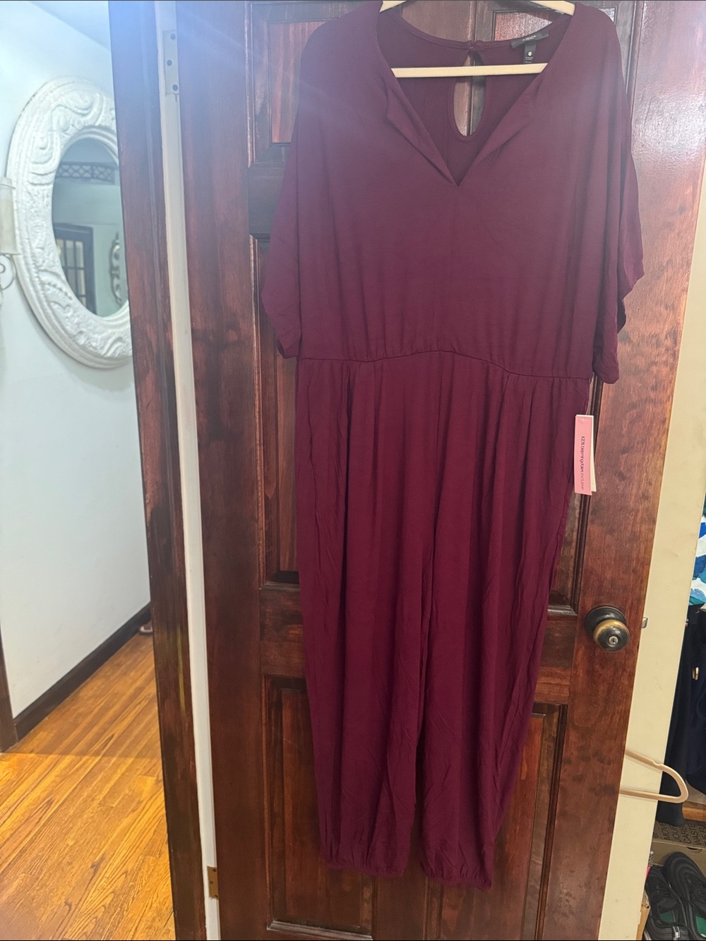 Bloomingdale's Burgundy V-Neck Jumpsuit